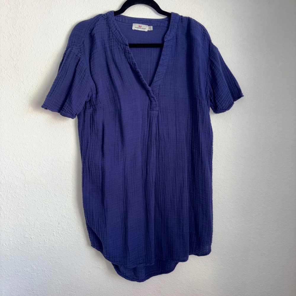 Vineyard Vines Gauze V Neck Tunic Dress Navy Blue Short Sleeve Casual Size S